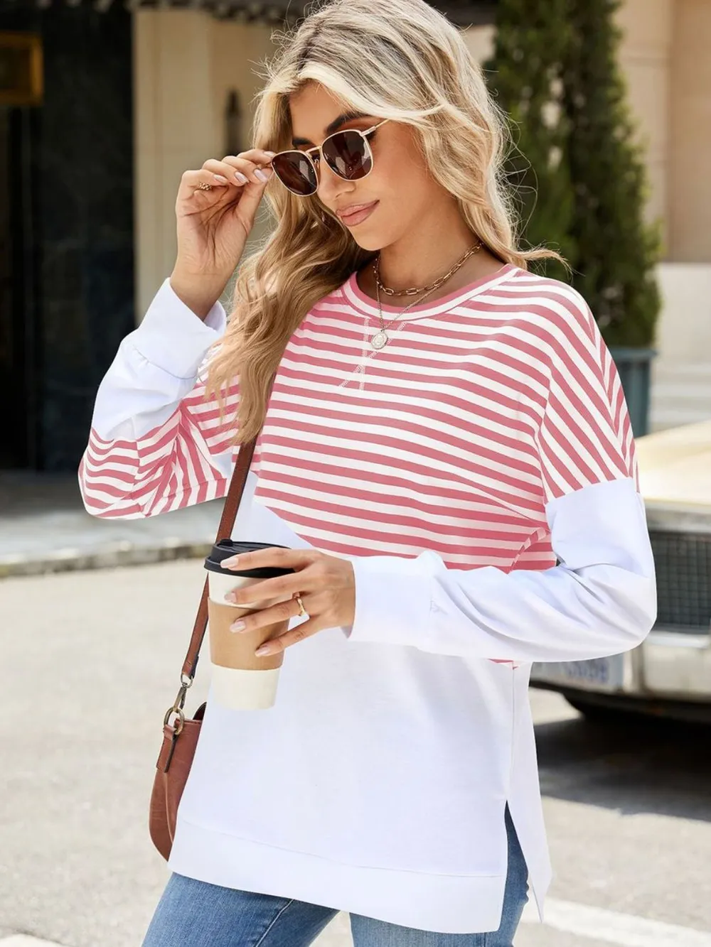 Slit Contrast Striped Long Sleeve Sweatshirt, image 14