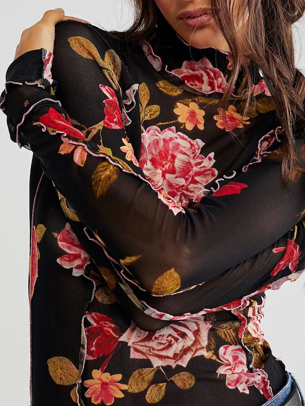 Floral Print Mock Neck Long Sleeve Top, image 2