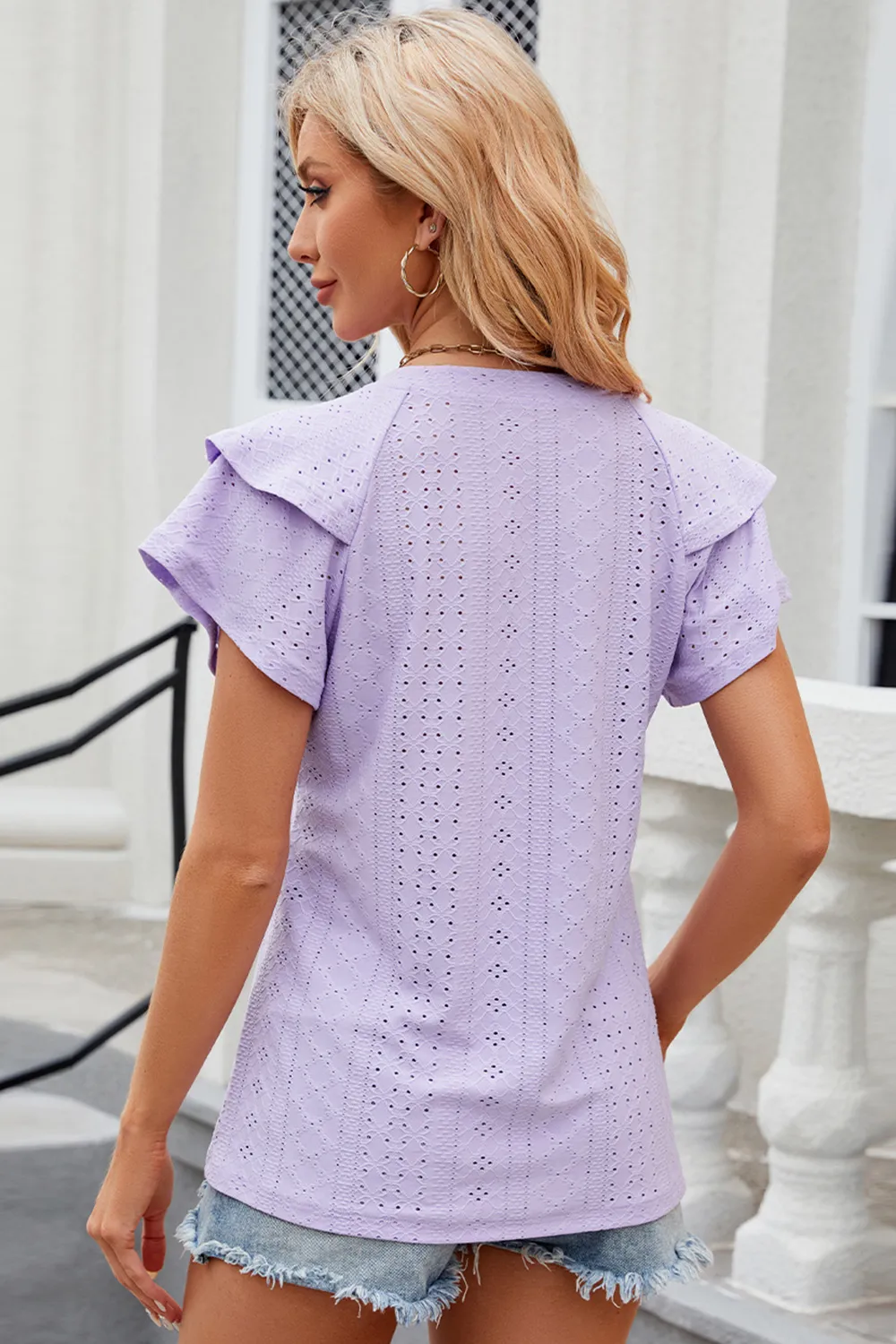 Eyelet Notched Flutter Sleeve T-Shirt, image 3