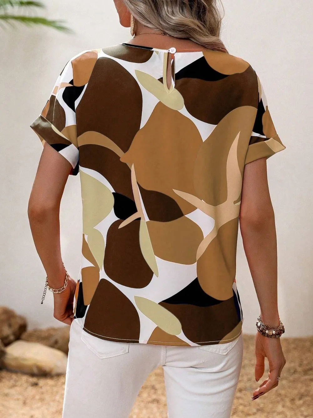 Contrast Round Neck Short Sleeve Blouse, image 7