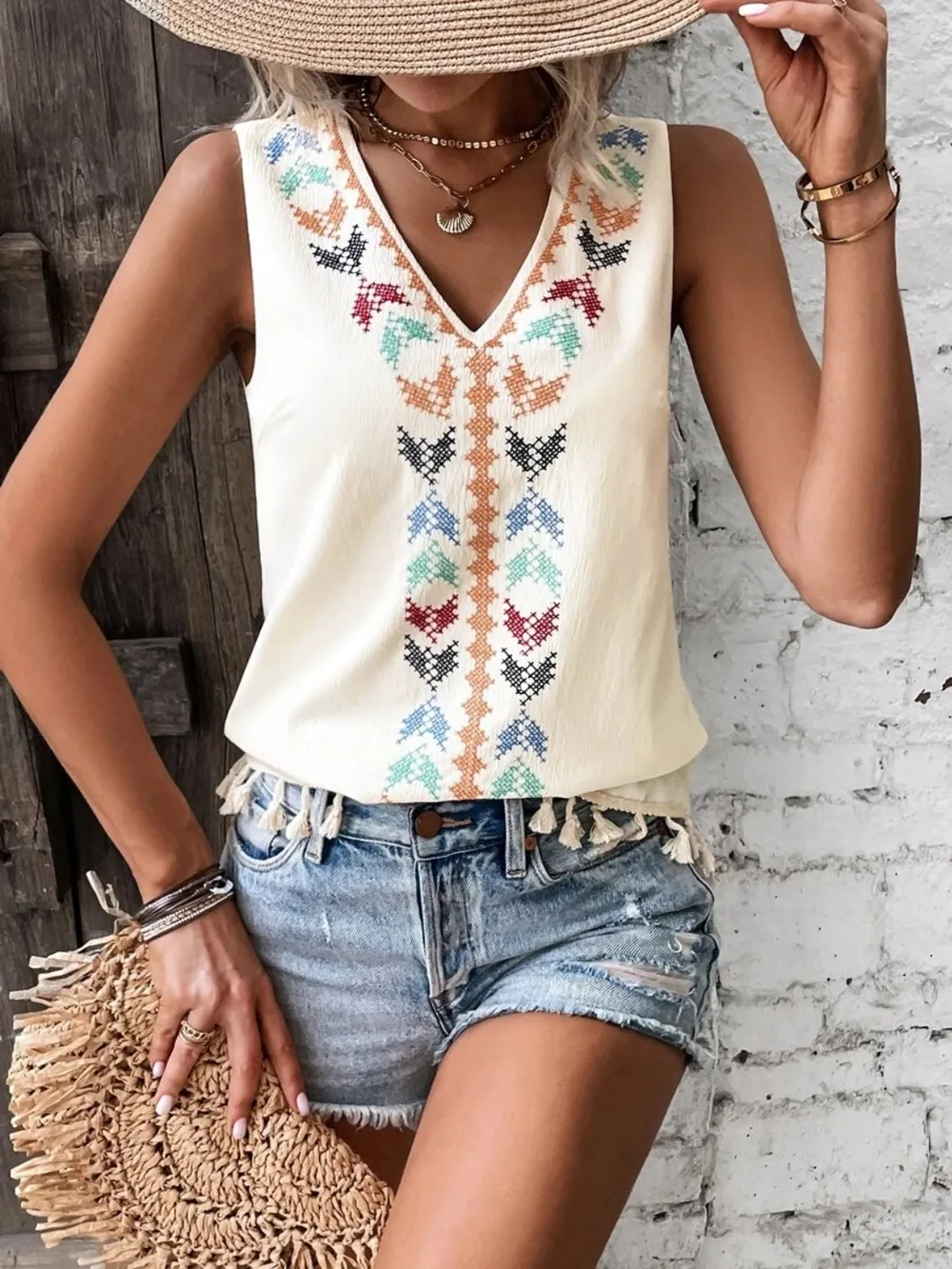 Tassel Printed V-Neck Tank, image 5