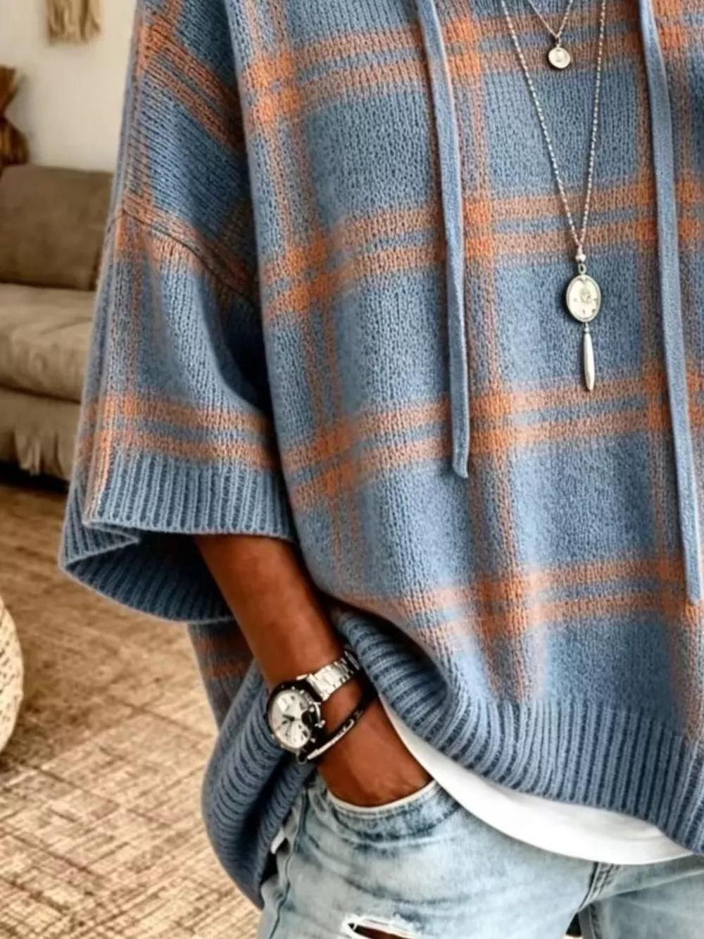 Plaid Hooded Knit Sweater, image 12