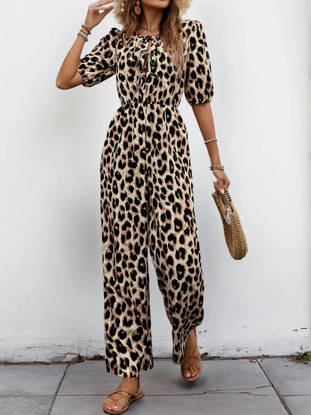 Tied Leopard Half Sleeve Jumpsuit, image 4