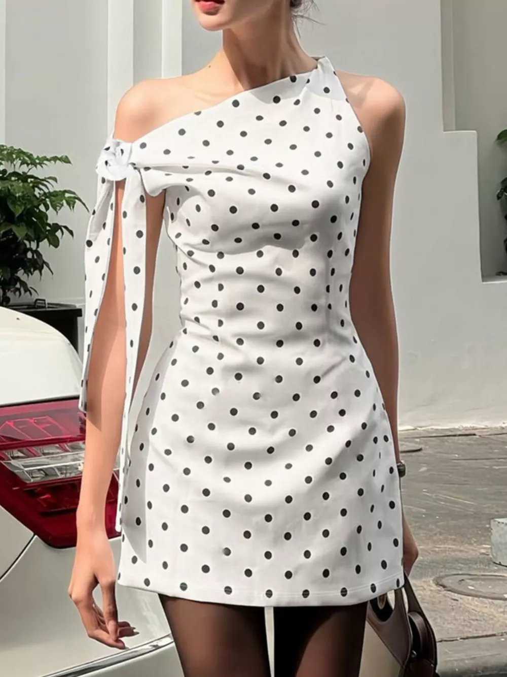 Polka Dot Sleeveless Mini Dress with Bow Accents, image 5