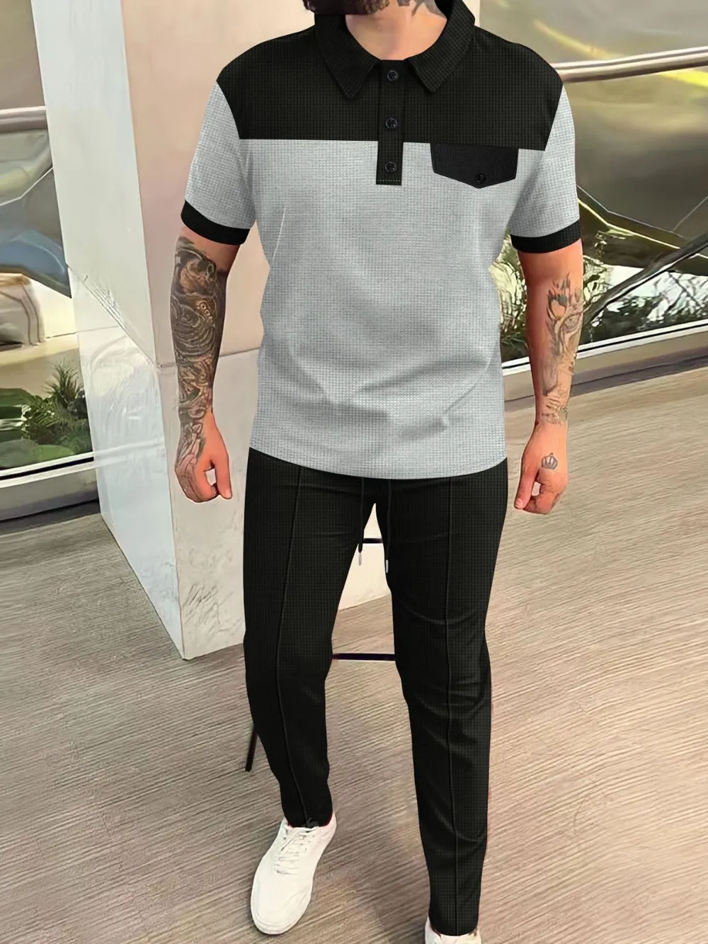 Men‘s Full Size Waffle-Knit Contrast Top and Pants Set Plus Size, image 3