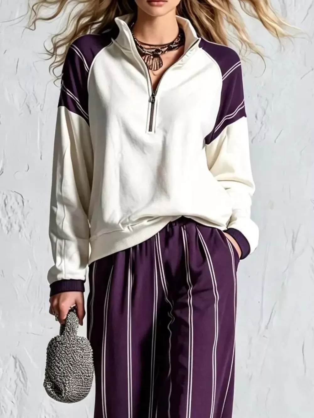 Quarter-Zip Sweatshirt and Striped Wide-Leg Pants Set, image 8