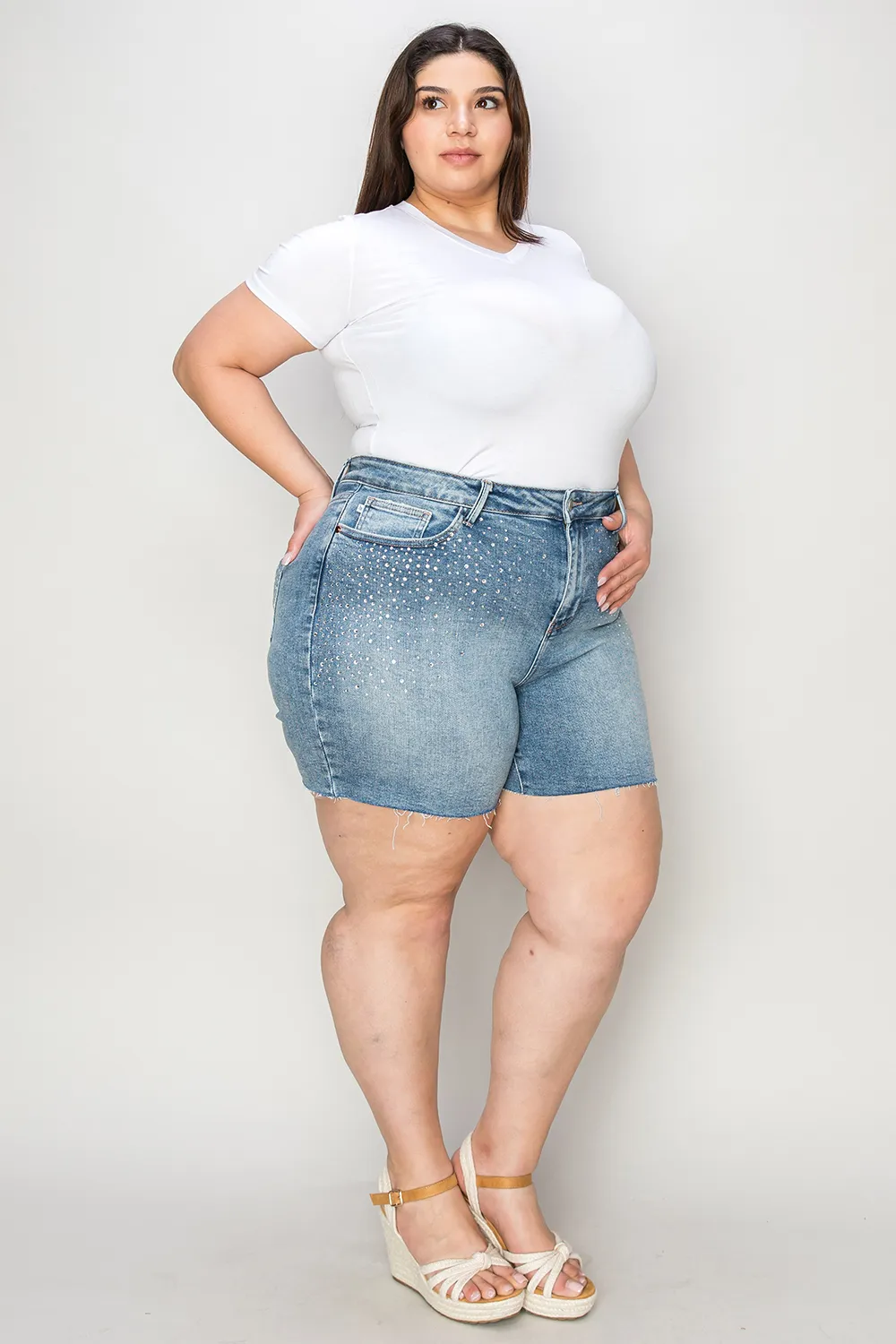 Full Size High Waist Rhinestone Decor Denim Shorts, image 2