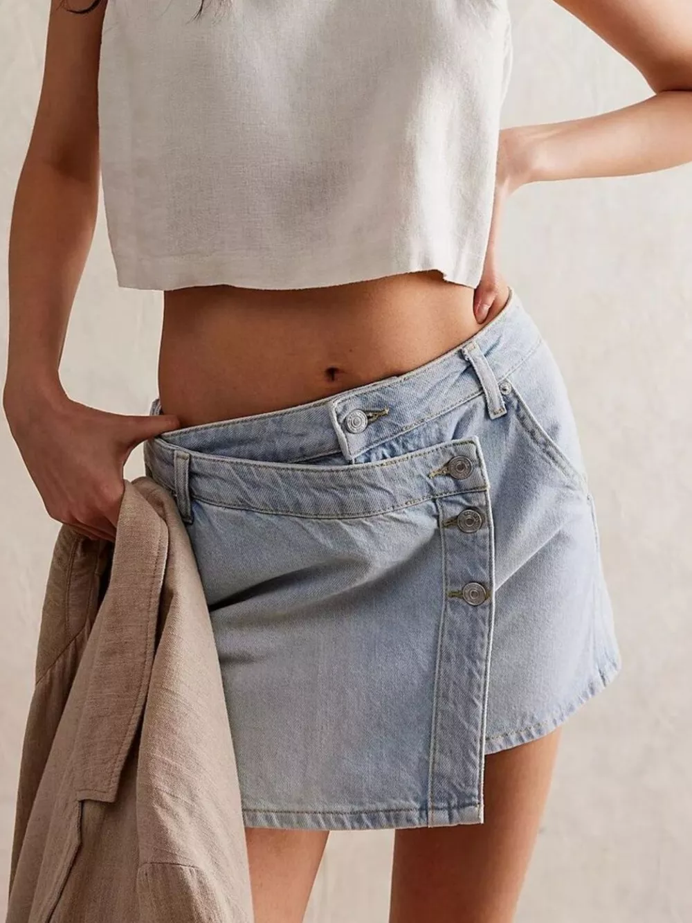 Asymmetrical Button-Front Denim Skort, image 11