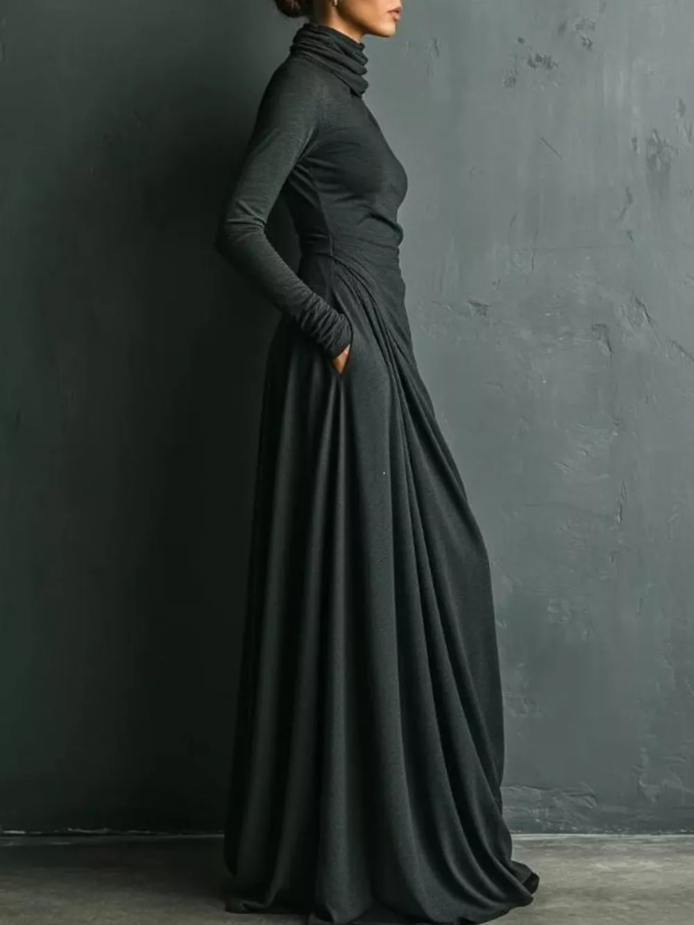 Turtleneck Long-Sleeve Draped Maxi Dress, image 2