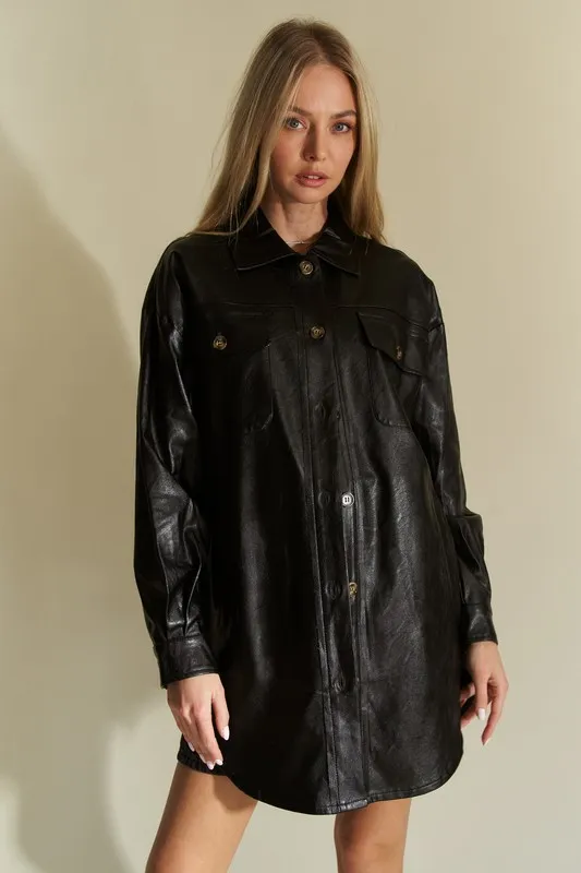 Faux Leather Button Up Jacket with Chest Pockets, image 3