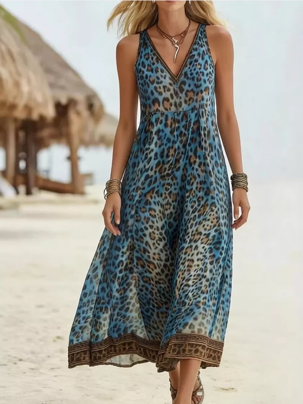 Leopard Print V-Neck Midi Dress, image 4