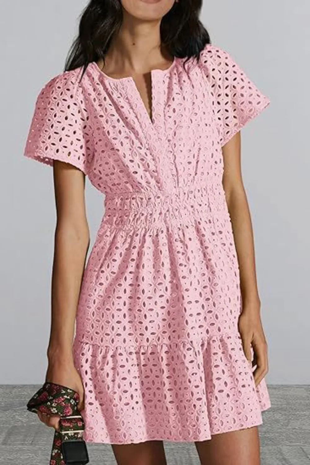 Eyelet Notched Short Sleeve Mini Dress, image 6