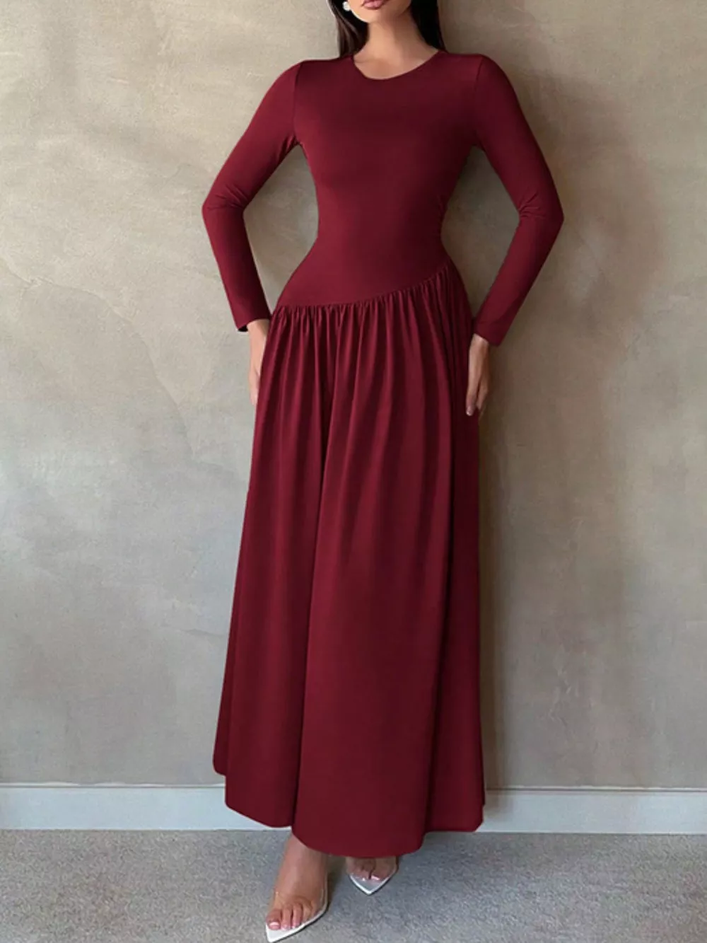 Long Sleeve Ruched A-Line Maxi Dress, image 7