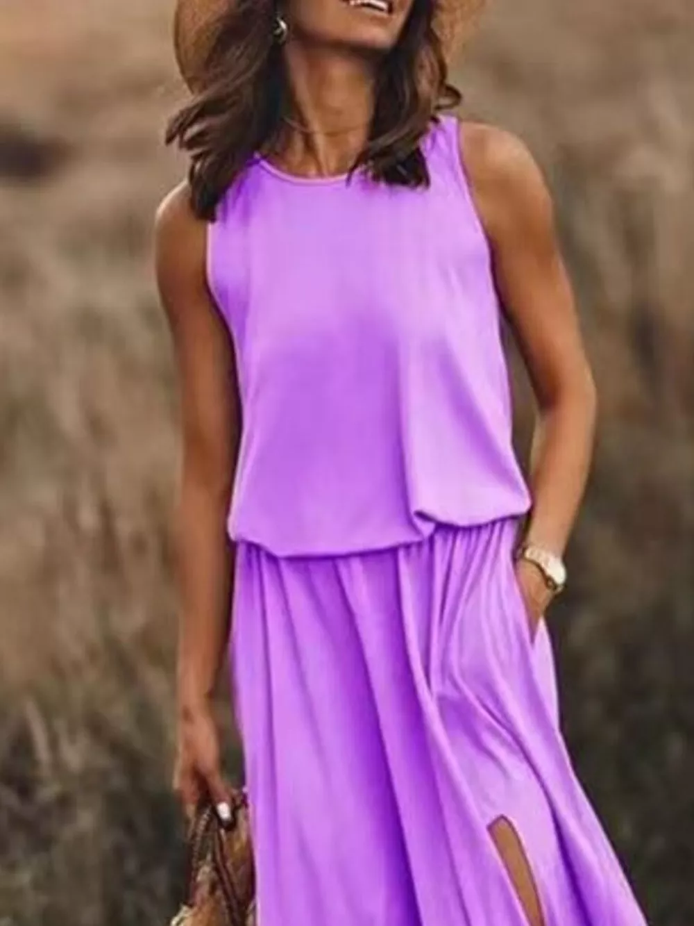 Full Size Round Neck Sleeveless Slit Maxi Dress Plus Size, image 9