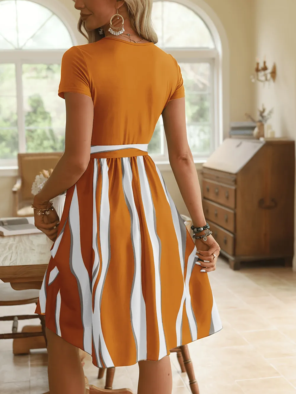 Striped Short Sleeve Tie Waist Dress, image 22