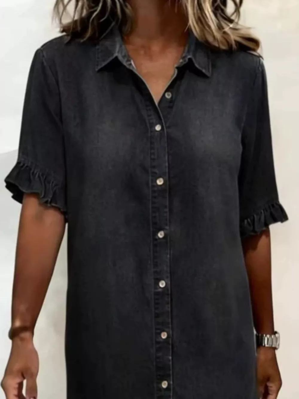 Full Size Ruffled Hem Denim Shirt Dress Plus Size, image 7