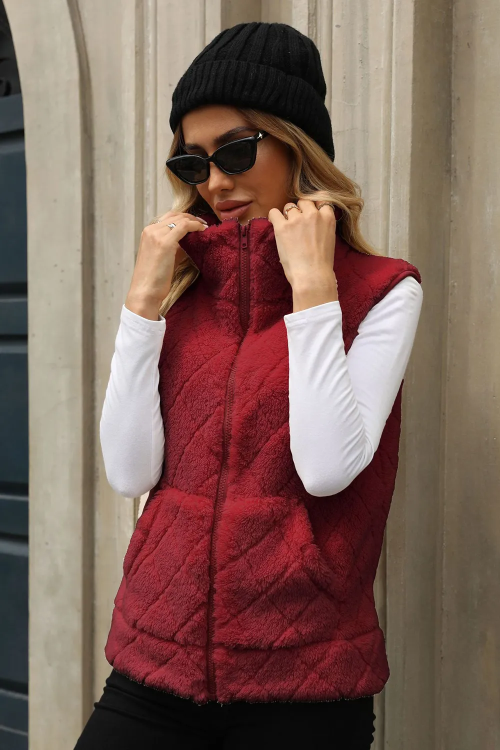 Fuzzy Plaid Texture Zip Up Vest Coat, image 7