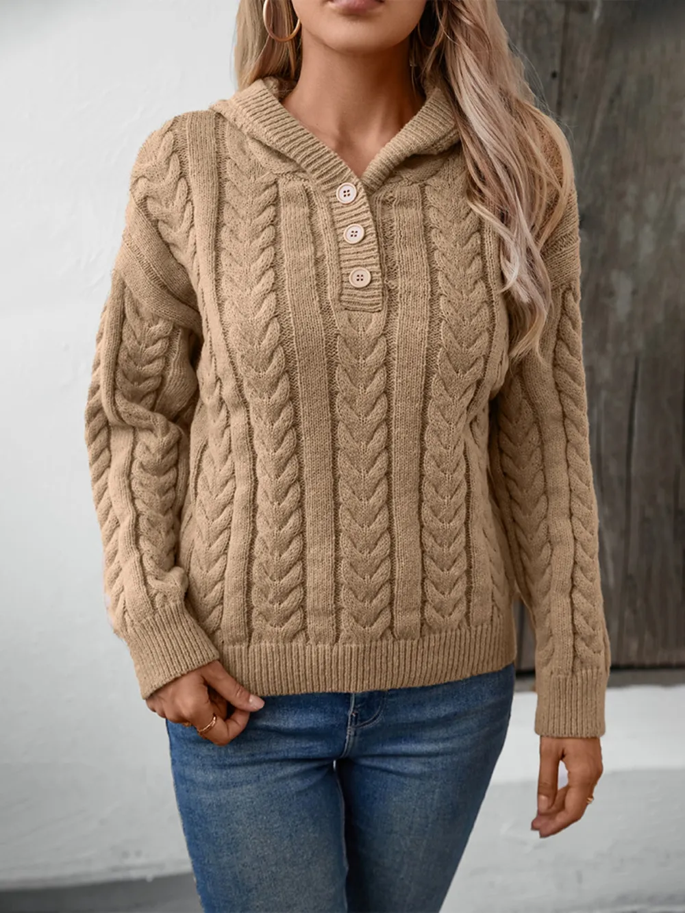 Cable-Knit Long Sleeve Hooded Sweater, image 5