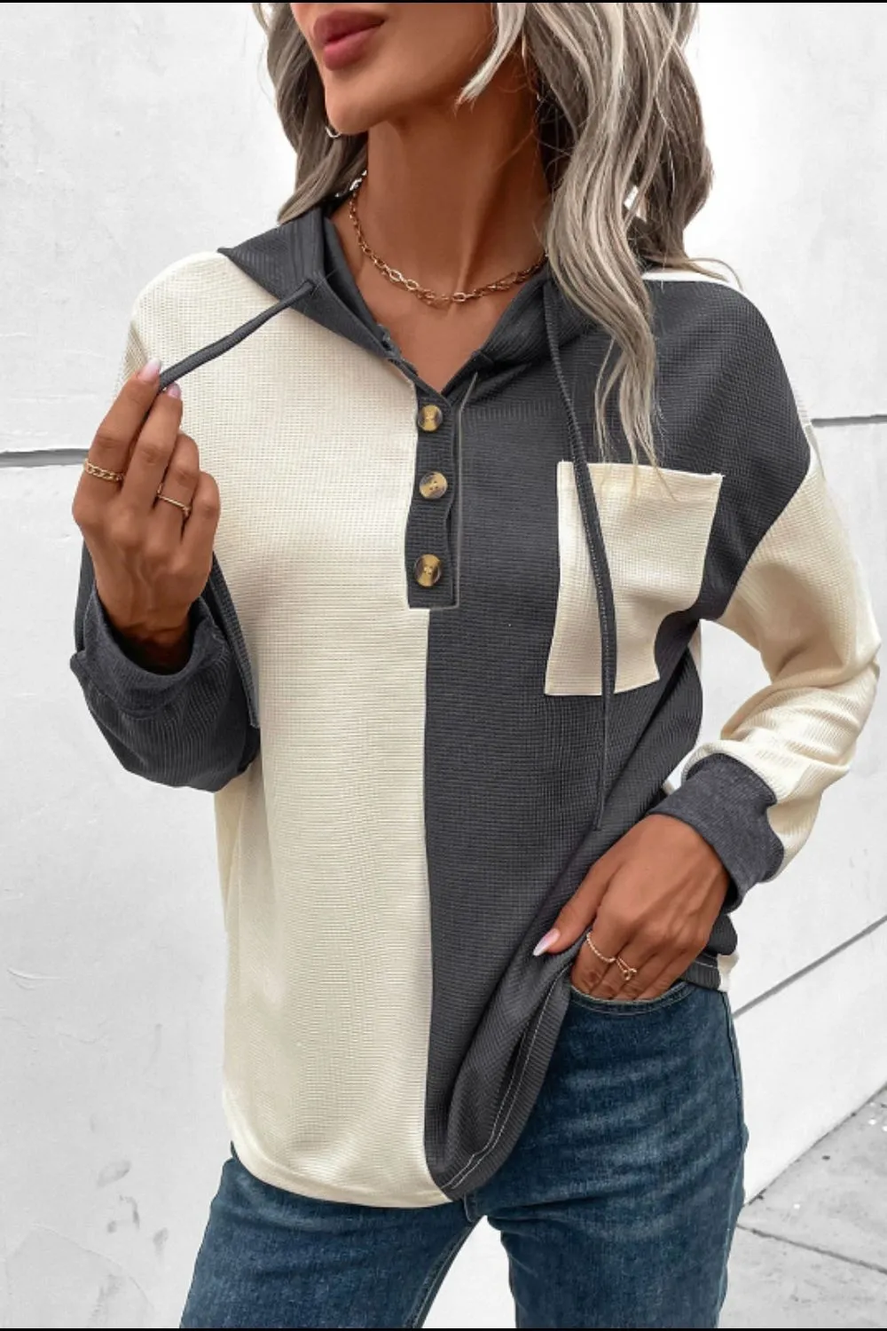 Waffle-Knit Two-Tone Long Sleeve Hoodie, image 6