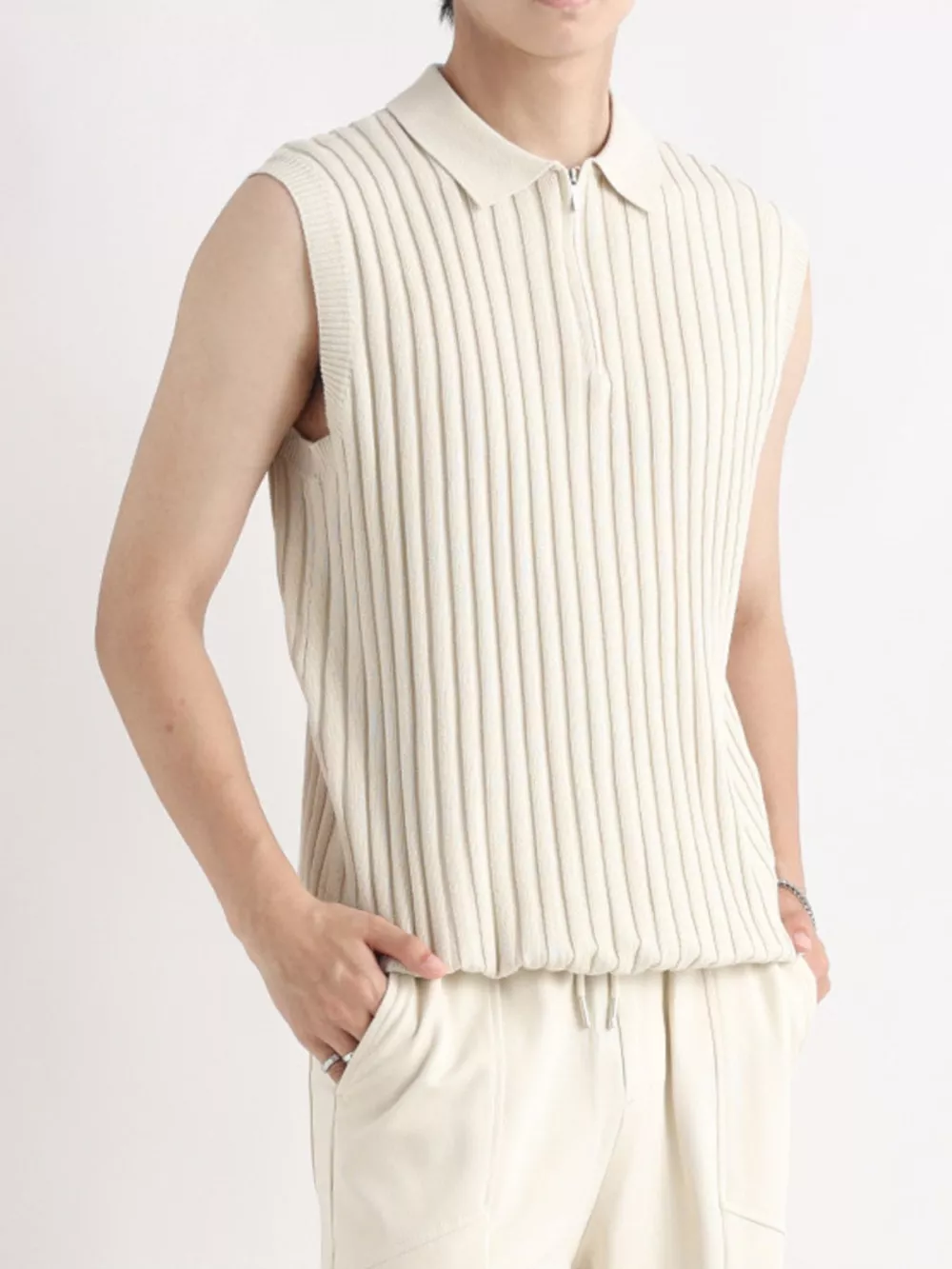 Men's Plus Size Ribbed Knit Zip-Up Tank