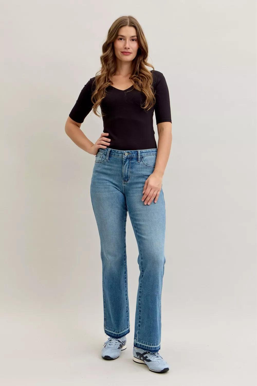 Full Size Mid Rise Slim Bootcut Tummy Control Release Hem Jeans Plus Size