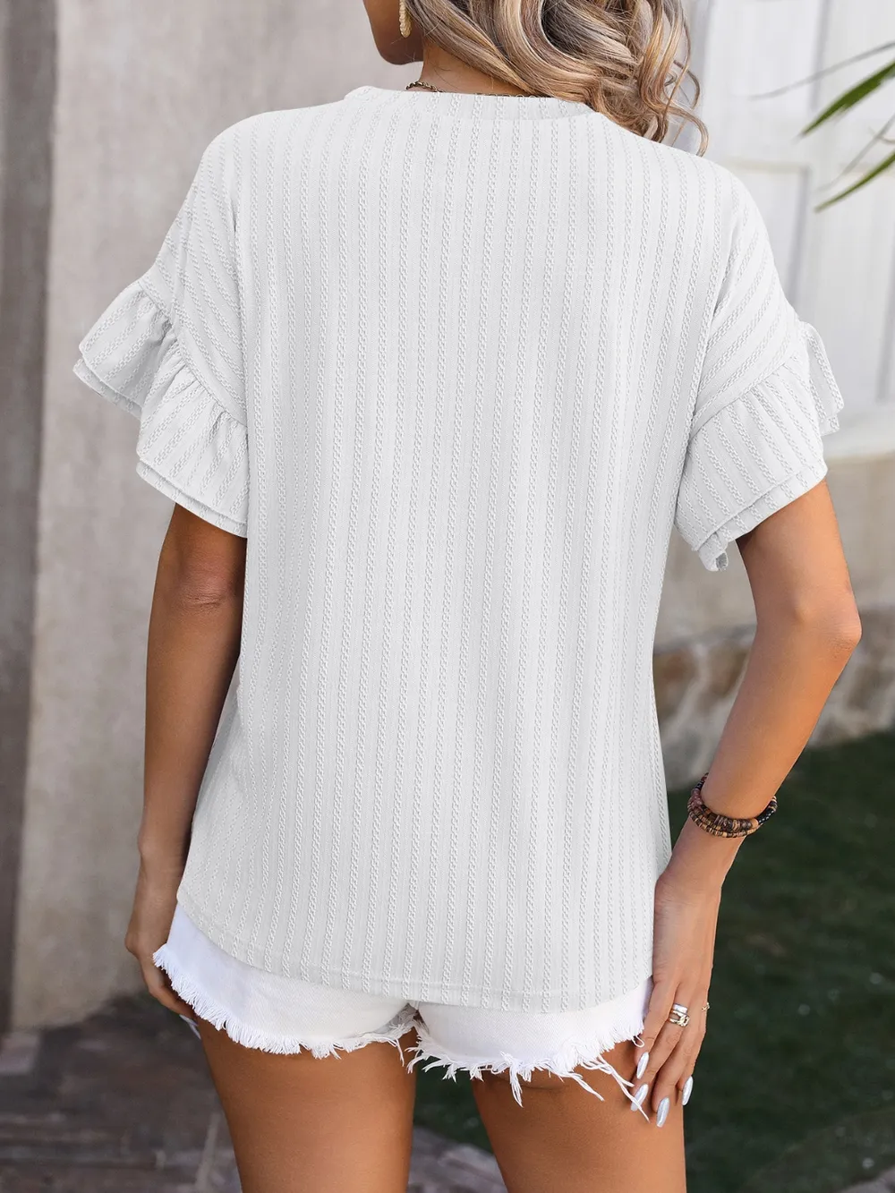 Ruffled Round Neck Short Sleeve Blouse, image 7