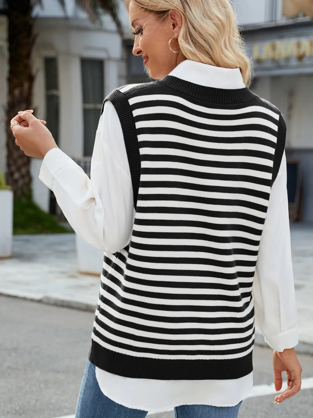 Slit V-Neck Striped Sweater Vest, image 7