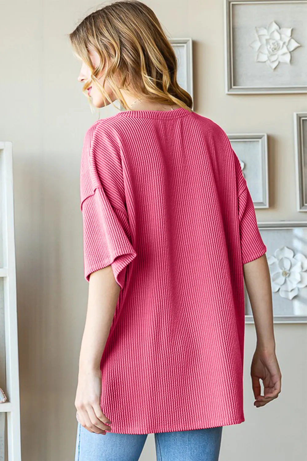 Full Size Ribbed Half Button Drop Shoulder Top, image 2