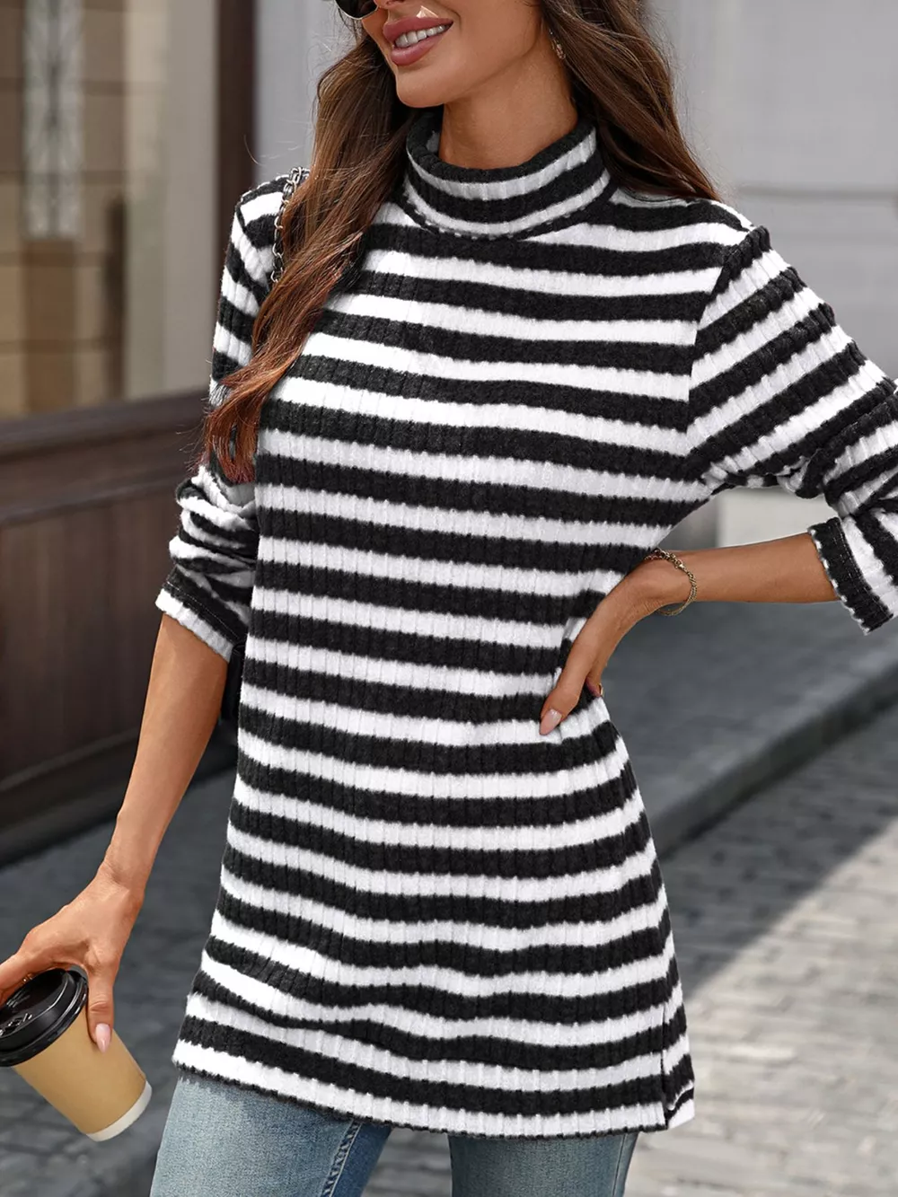 Striped Ribbed Knit Turtleneck Long Sleeve T-Shirt, image 4