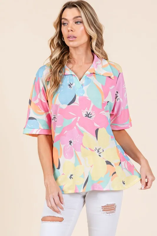 Floral Collared Neck Half Sleeve Top, image 2