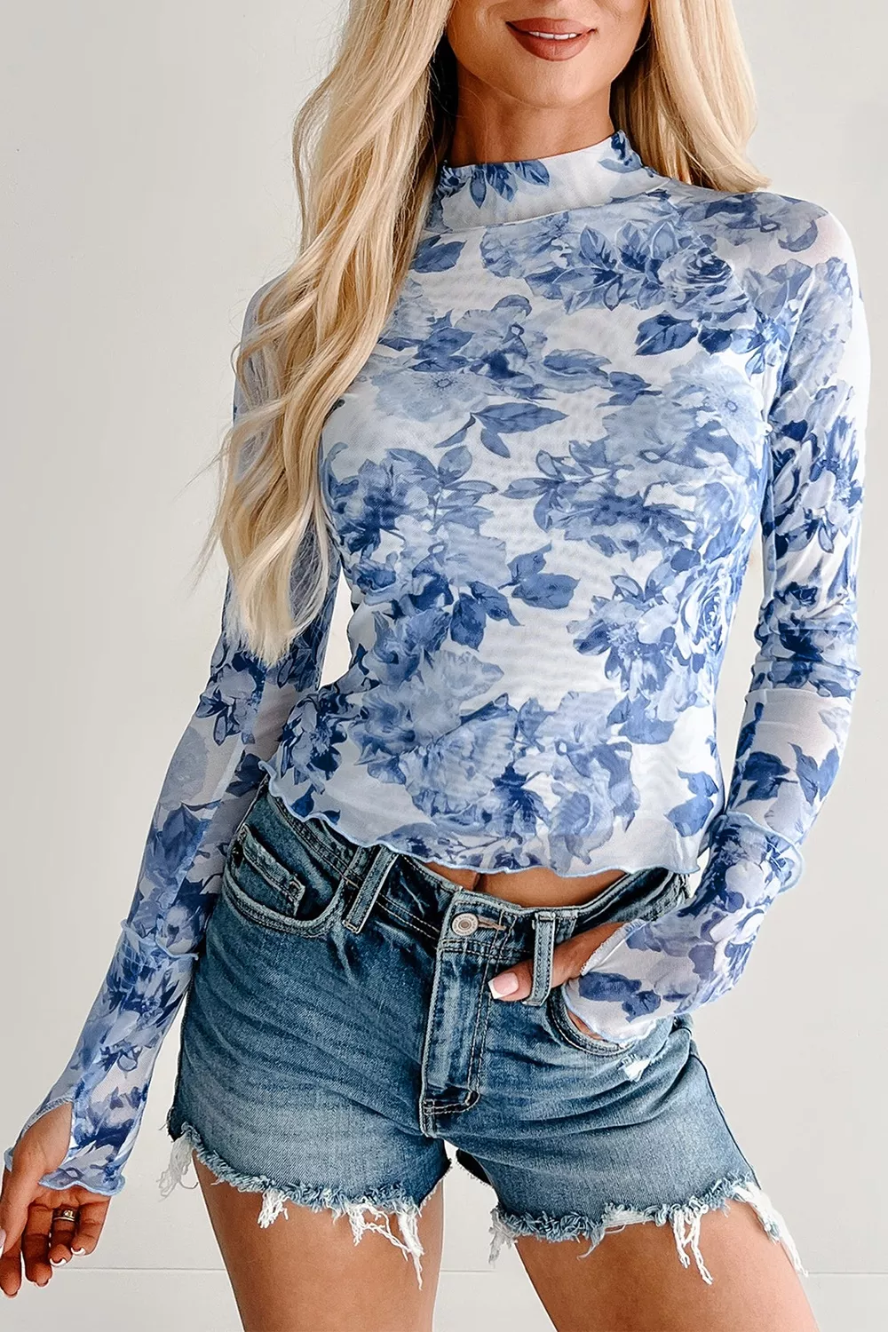Floral Print Long Sleeve Stand Neck Mesh Top, image 2