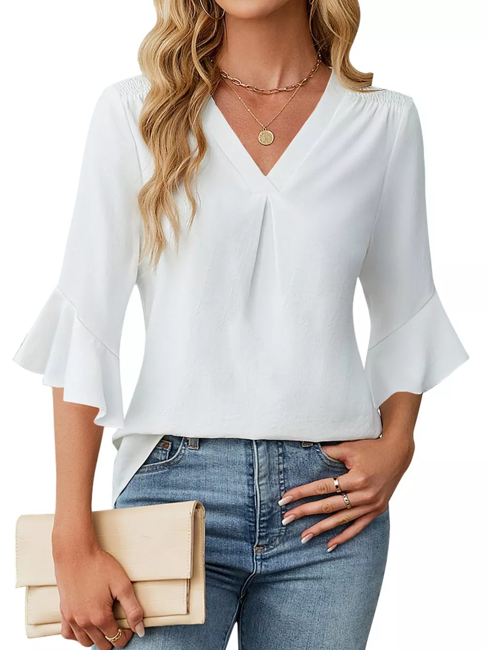 V-Neck Ruffle Sleeve Blouse, image 2