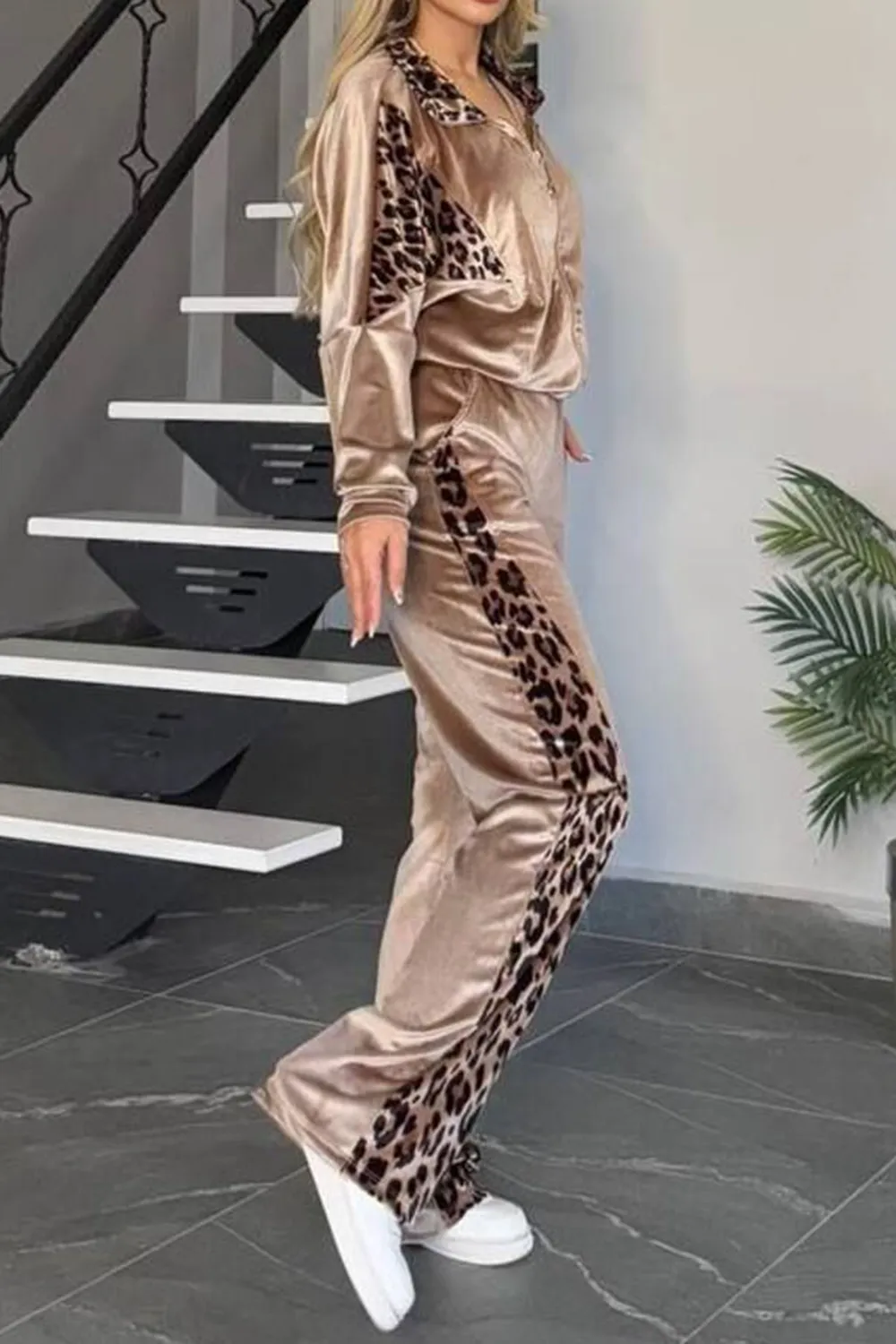 Full Size Collared Neck Leopard Zip Up Top and Pants Set Plus Size, image 5
