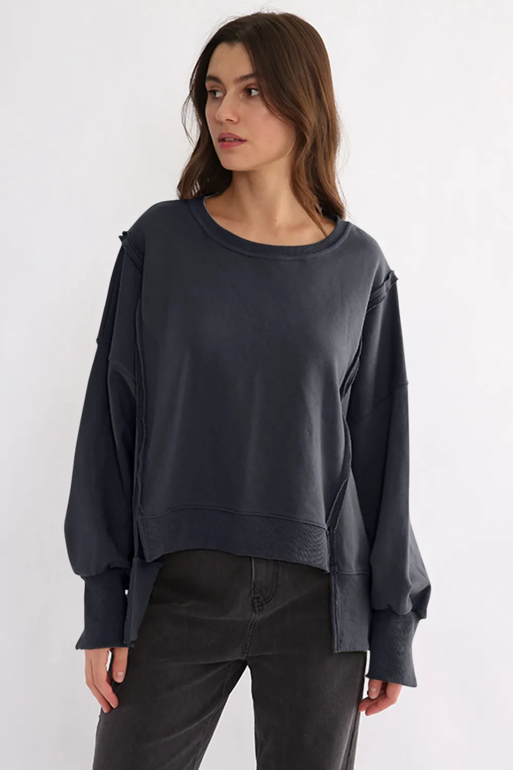 Exposed Seam High-Low Long Sleeve Sweatshirt, image 23