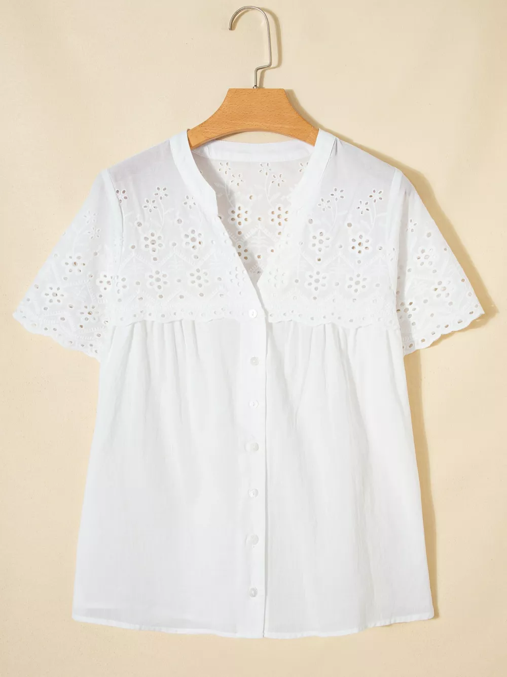 Flower Eyelet Embroidered Patchwork Sheer Short Sleeve Shirt, image 3
