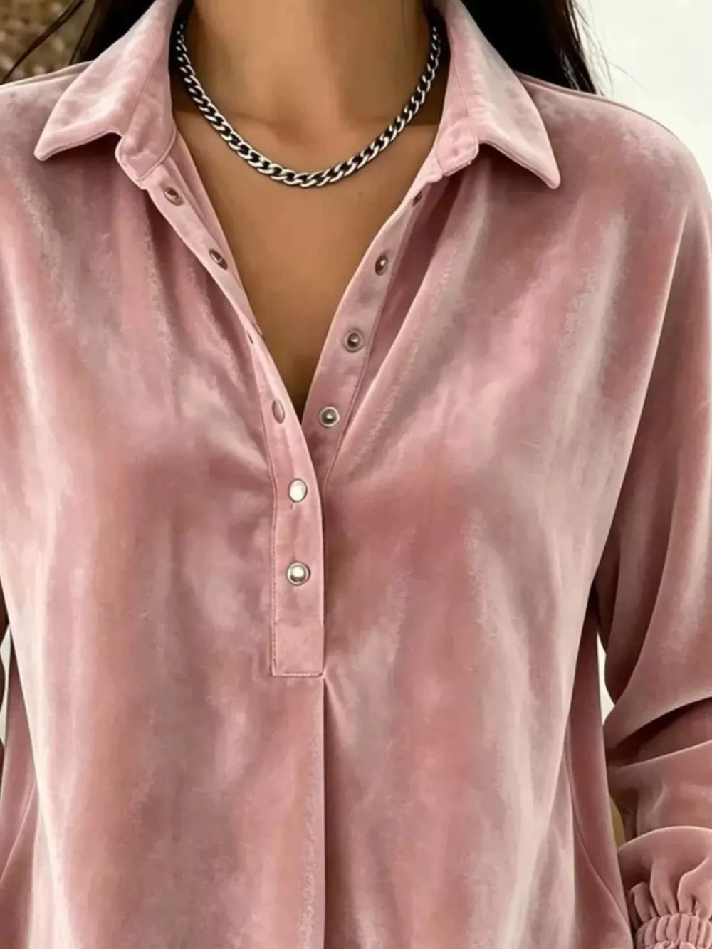 Velvet Snap Down Long Sleeve Blouse, image 3