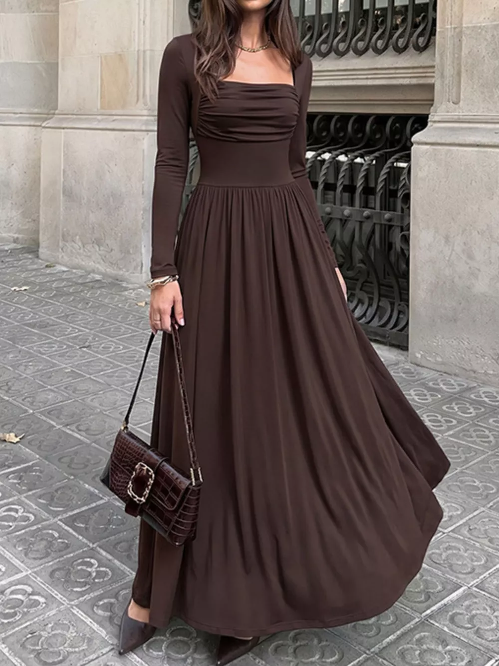 Ruched Square Neck Long Sleeve Maxi Dress, image 4