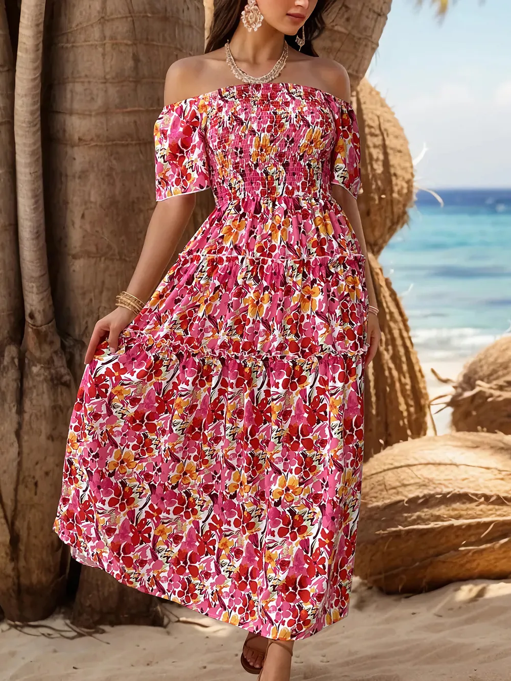 Slit Floral Off-Shoulder Short Sleeve Dress, image 3
