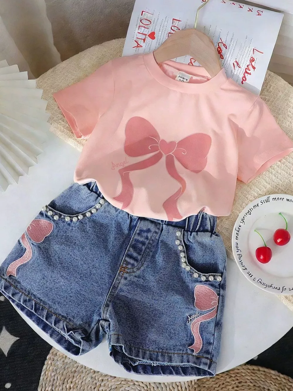 Children's Bowknot T-shirt and Denim Shorts Set, image 10