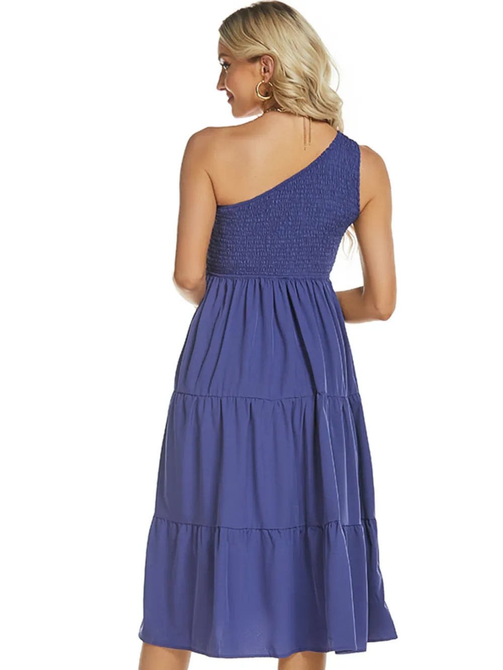 One-Shoulder Tiered Midi Dress with Smocked Bodice, image 2