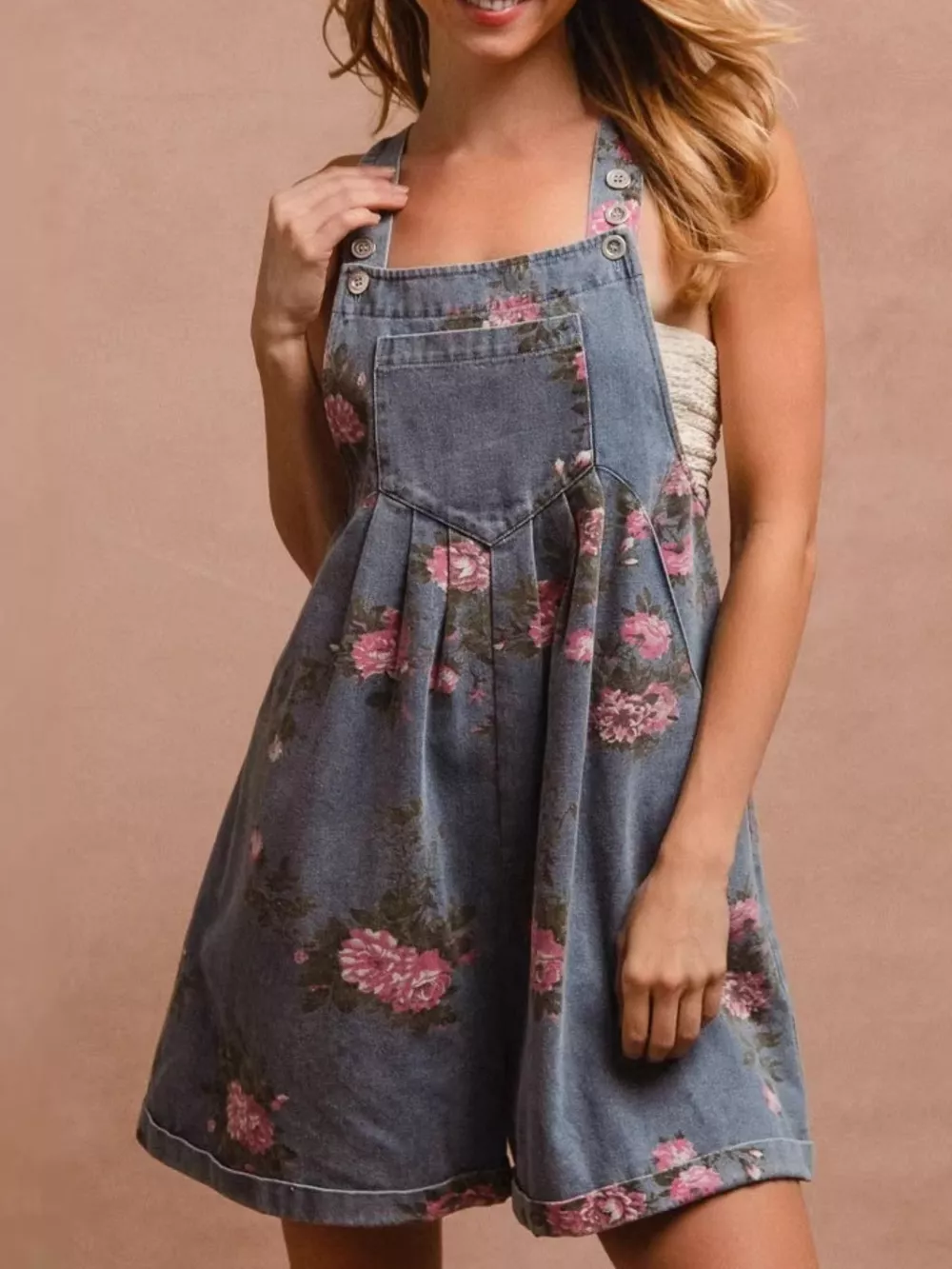 Floral Print Denim Overalls