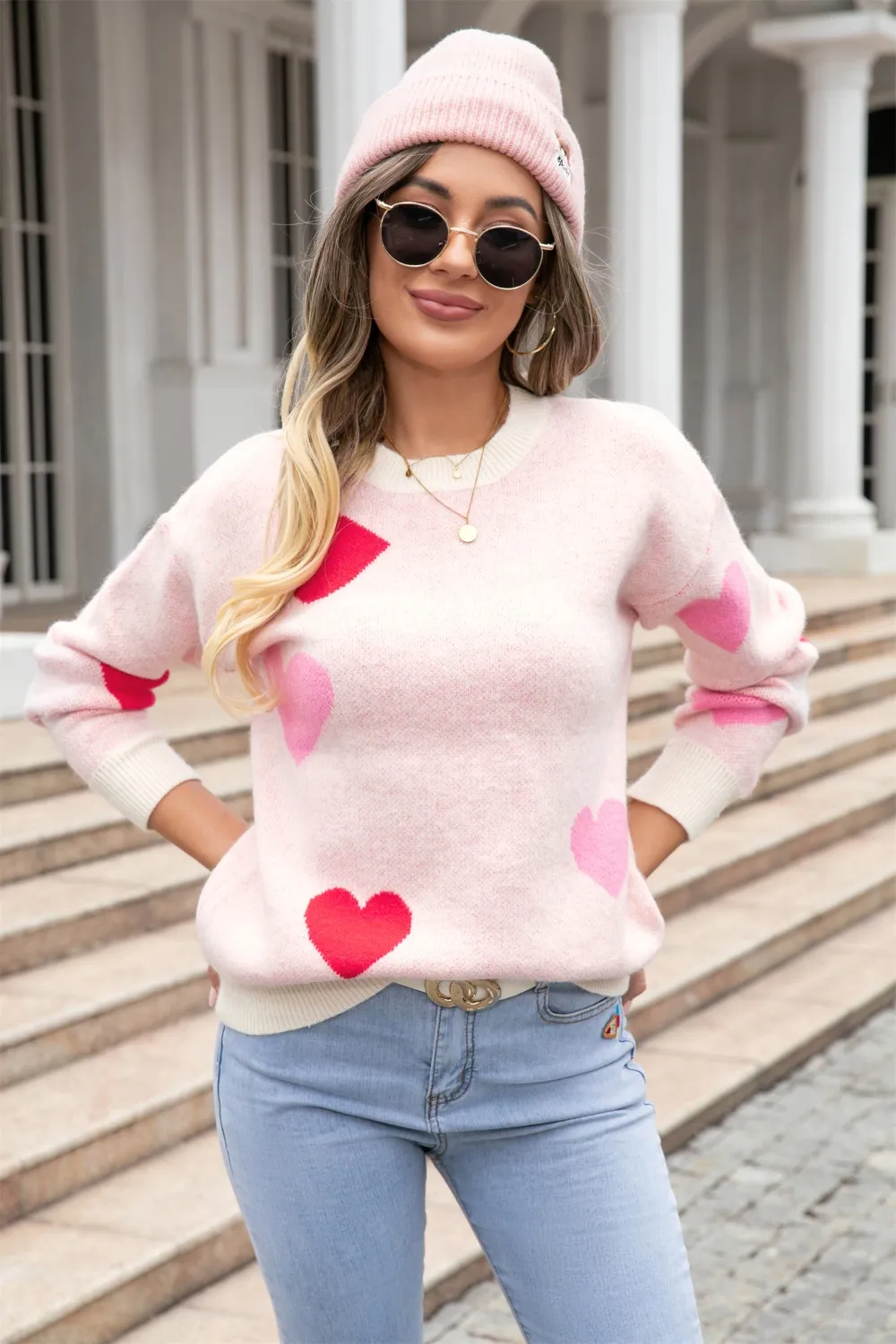 Heart Round Neck Droppped Shoulder Sweater, image 6