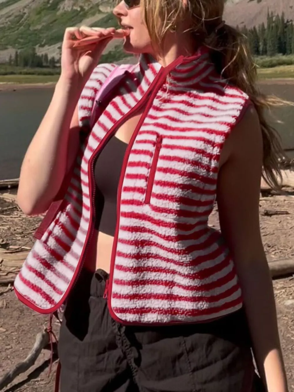 Striped Fleece Zip-Up Vest Coat, image 4