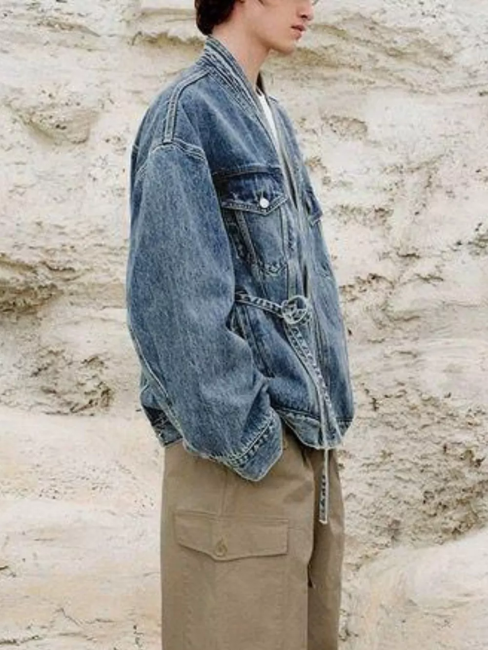 Men's Plus Size Washed Tied Long Sleeve Denim Jacket, image 3