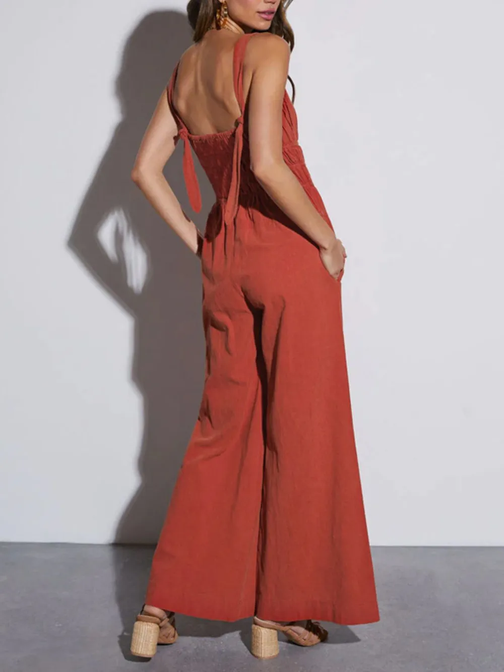 Ruched Wide Strap Jumpsuit with Pockets, image 3