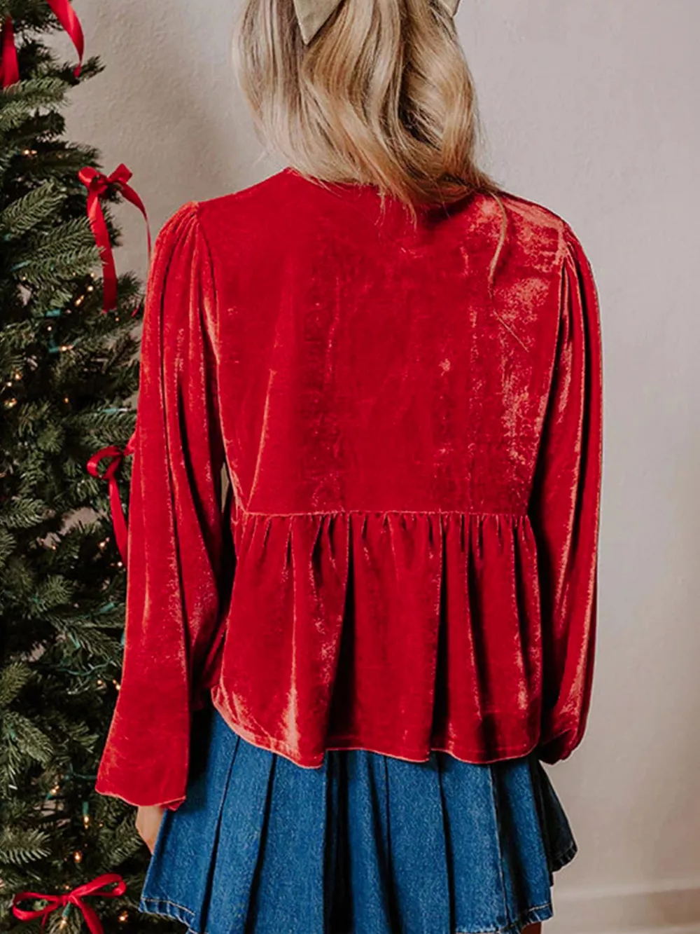 Plus Size Tie Front Velvet Peplum Blouse, image 3