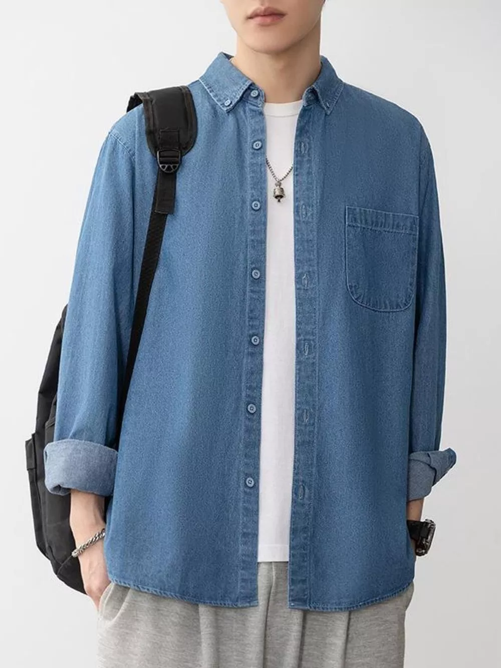 Men's Plus Size Button Up Long Sleeve Denim Shirt, image 5