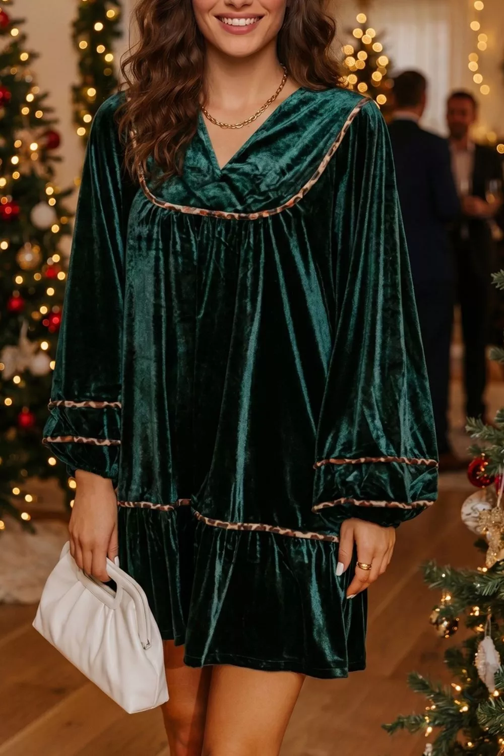 Leopard Trim Velvet Long Sleeve Shift Dress, image 2