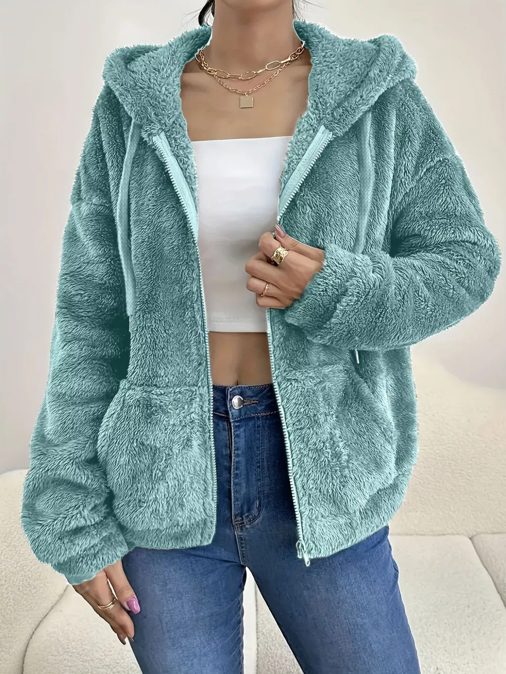 Drawstring Fleece Zip-Up Outerwear, image 19