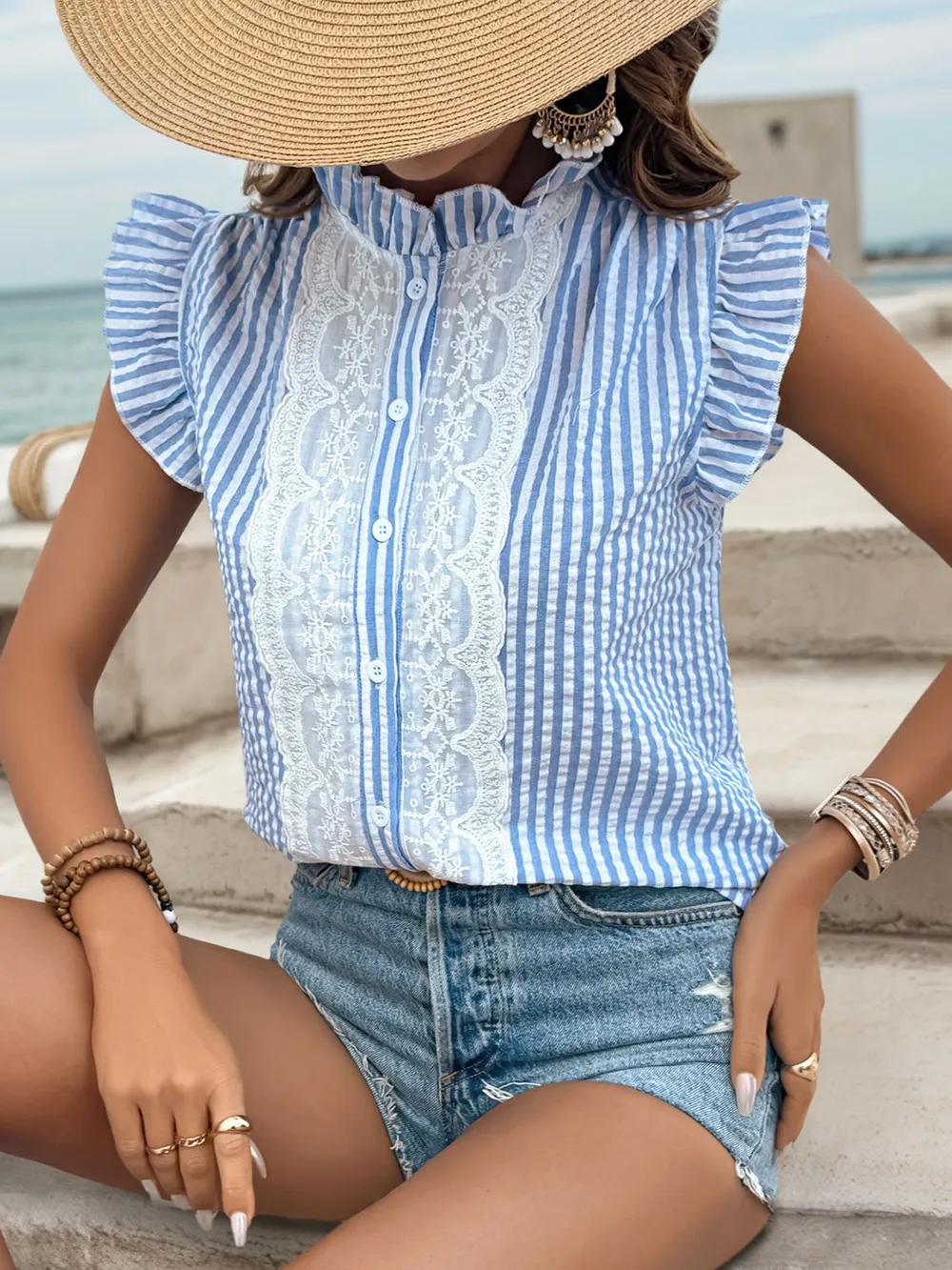 Lace Detail Button Down Cap Sleeve Shirt, image 4